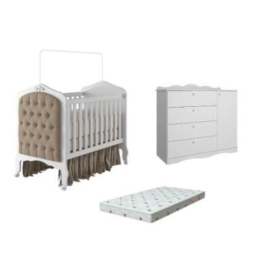 Imagem de Quarto Bebe Berço e Cômoda MDF Canto Dorabelly +Colchão e Capitonê - P