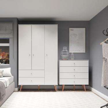 Imagem de Conjunto Quarto Solteiro Retrô com Guarda-Roupa Cômoda Branca - Soluzi