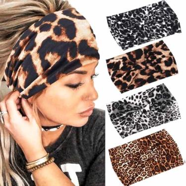 Imagem de Gortin Boho Faixas de cabelo de leopardo para ioga preto elástico faixas de cabeça larga torcer turbante nó faixas elásticas para cabelo para mulheres e meninas pacote com 4