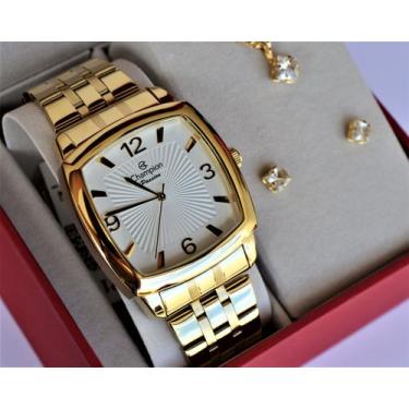 Imagem de Relogio champion dourado quadrado  grande cn28740w + kit semi joia