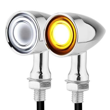 Imagem de Luzes de seta de LED para motocicleta, estilo anel, pisca traseira pequena, ajuste universal, compatível com Harley Sportster Softail Cruiser Street Bike Cafe Race Bobber (Bullet Chrome, Branco e