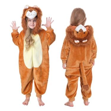 Imagem de TONWHAR Pijama infantil de desenho animado, cosplay, fantasia de Halloween, roupa de festa para meninos e meninas, Leão laranja, 5-6 Anos