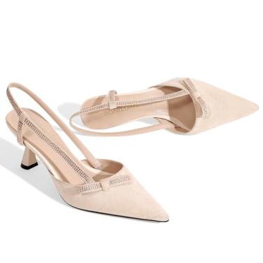 Imagem de RONILURN Sapatos femininos salto gatinho bico fechado strass slingback bico fino sapato social para mulheres salto baixo gravata borboleta confortável noiva casamento formatura, Bege, 40