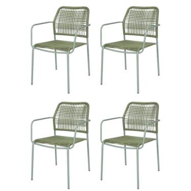 Imagem de Kit 4 Cadeiras Com Braços Empilhável Copacabana Fratini Aço Carbono Verde Trama Corda Náutica Verde