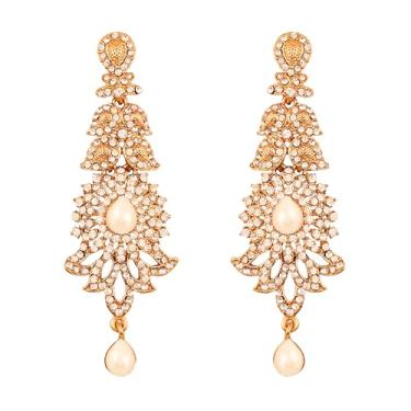 Imagem de Brincos de noivado femininos com design de strass paisley indiano Bollywood Touchstone em tom dourado antigo 3.50 inches Pérola