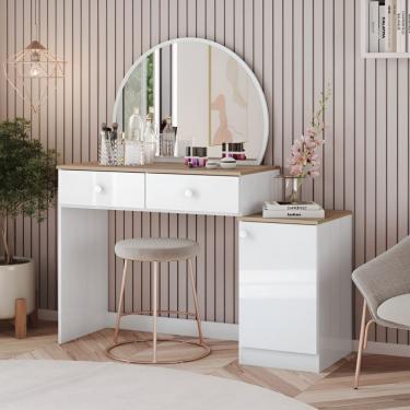 Imagem de Penteadeira Com Espelho Circular 2 Gavetas E Porta Agnes Branco Jequitibá Hp