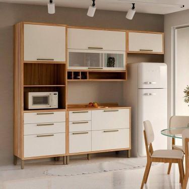 Imagem de Cozinha Modulada Compacta 4 Peças 7 Portas e Vidro Reflecta 274cm 100% Mdf Vicenza Espresso Móveis Amêndoa/Branco