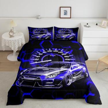 Imagem de jejeloiu Jogo de cama solteiro com estampa de carro esportivo de corrida, para meninos, meninas, adolescentes, adultos, respirável, macio, leve, azul, roxo, 2 peças