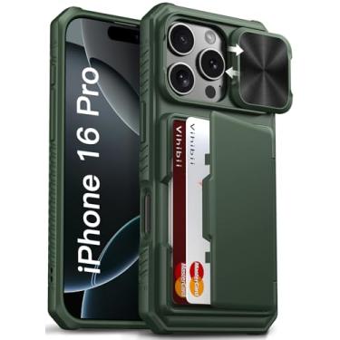 Imagem de Vihibii Capa para iPhone 16 Pro com suporte para cartão (4 cartões) [bloqueio RFID] e capa de câmera deslizante, proteção contra quedas de grau militar, traseira rígida robusta e capa de telefone com
