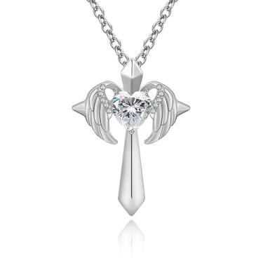Imagem de Colar de pedra do mês de nascimento com asas de anjo, banhado a ouro 18 K, colar com cruz de prata esterlina para , Dia dos Namorados, aniversário, Metal, Zircônia cúbica