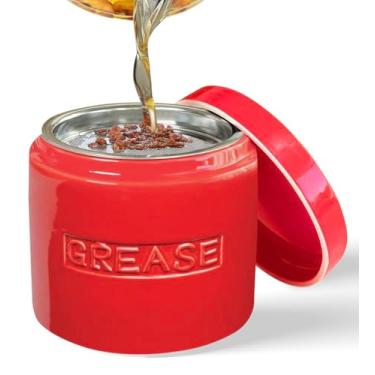 Imagem de Recipiente de óleo de graxa Bacon com filtro inoxidável Keto Paleo Bico porcelana porcelana porcelana separador de gordura 6 xícaras Capacidade 12,7 cm de largura x 11,4 cm de altura várias cores, Vermelho