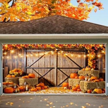 Imagem de Pano de fundo para decoração de porta de garagem de outono de Ação de Graças, 2 faixas de porta de garagem de carro, celeiro de madeira de outono, palheiro de abóbora, girassol, pendurado, cenário de