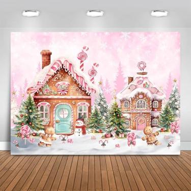 Imagem de Fitumiw Pano de fundo de casa de gengibre rosa de Natal 2,1 x 1,5 m de desenho animado casa de doces decoração de festa meninas aniversário chá de bebê banner cabine de fotos adereços