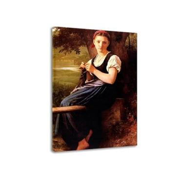 Imagem de LXURY Bouguereau. A menina de tricô. Reprodução de pinturas famosas. Arte de parede em tela. Pôsteres e impressões. Imagem para decoração de casa 70 x 105 cm Moldura interna