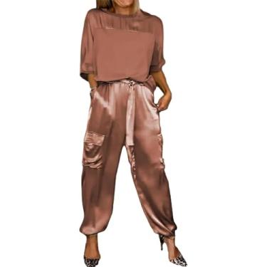 Imagem de Conjunto De Top E Calça De Meia Manga De Cetim Liso Para Mulheres Conjuntos De Jogger Para Mulheres Verão Casual Cetim 2 Peças Roupa, Brown, M