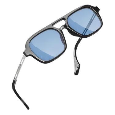 Imagem de grinderPUNCH Óculos de sol retrô planos quadrados modernos para mulheres, masculinos, vintage, estilo anos 70, ponte dupla (azul)