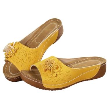 Imagem de Rungion Sandálias femininas de praia de verão com bico aberto baixo com bico aberto, sandálias femininas elegantes e plataformas, confortáveis com flores, Amarelo, 40