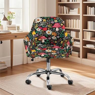 Imagem de Xoenoiee Capa de poltrona giratória de escritório com estampa floral de cogumelo e margarida, capa elástica para cadeira de mesa de computador, com detalhe médio nas costas, antiderrapante, para casa