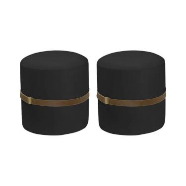 Imagem de Kit 2 Puffs Decorativos Redondo Old Com Cinto Estofado Veludo Preto