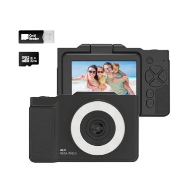 Imagem de HEYMAO Câmera digital infantil, tela flip de 48 MP, 1080p HD selfie, com zoom de 16x, com cartão TF de 32 GB, câmera compacta durável para meninos, meninas e crianças