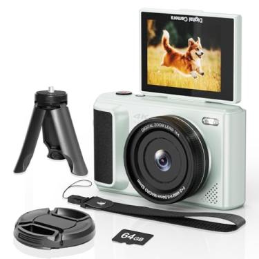 Imagem de ARNSSIEN Câmera digital 4K com tela flip de 2,8 polegadas 180° para vlogging - Câmera compacta Camara Fotografica fácil de transportar para viagens | Zoom digital de 16X, cartão de 64 GB, bateria de