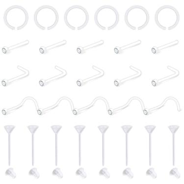 Imagem de JFORYOU Anéis de nariz transparentes de 20 g para cirurgia de trabalho retentor de piercing de nariz acrílico Bioflex espaçadores invisíveis retentores de nariz argola parafuso em forma de L parafuso