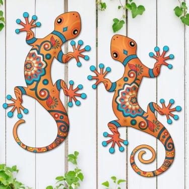 Imagem de Decoração de metal Gecko ao ar livre - Pacote com 2 esculturas de lagarto de metal de 30 cm para decoração interna ou externa, decoração de parede de varanda e pátio