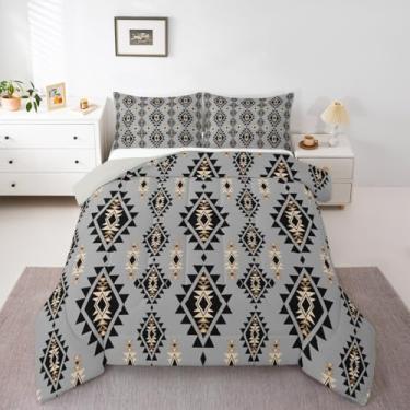 Imagem de jejeloiu Conjunto de cama Boho macio para meninos e meninas, asteca, tamanho casal, geométrico, edredom de microfibra, boêmio, decoração de quarto, 3 peças com 2 fronhas