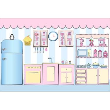 Imagem de Painel de Lona Cozinha Desenhada Cute Rosa - 200x150cm - Fabrika de Fe