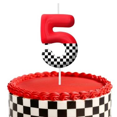 Imagem de Velas de aniversário de carro de corrida, decoração de topo de bolo de 6 cm, bandeira quadriculada número 5 velas, decorações de aniversário, decorações de bolo de festa de aniversário, suprimentos de