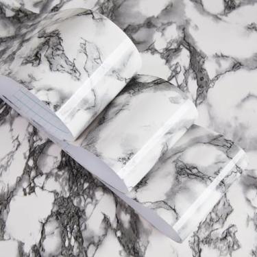 Imagem de Yiwixi Papel de contato de mármore, preto, branco, cinza, papel de parede autoadesivo de mármore brilhante para bancada, armários de cozinha, banheiro, rodapés, escadas (P-preto/mármore branco - 25 x