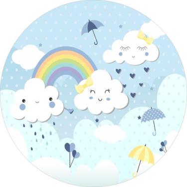 Imagem de Painel de Tecido Sublimado Redondo Chuva de Amor e Gotas Arco Iris Azu