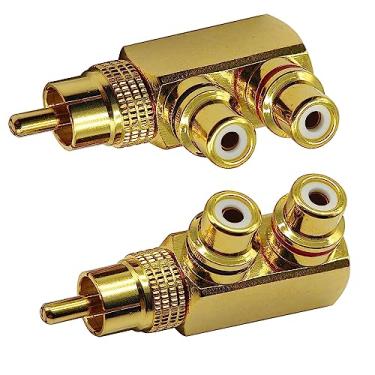 Imagem de LYLGO Pacote com 2 adaptadores RCA macho RCA de 90 graus banhados a ouro para 2 conectores RCA fêmea de áudio e vídeo
