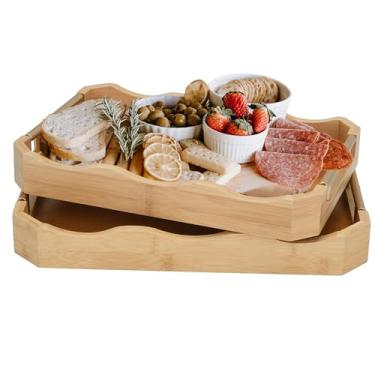 Imagem de Pacote com 2 bandejas de bambu com alças – bandejas decorativas empilháveis para mesa de café, café da manhã na cama, lanches de sofá, decoração de casa (envernizada)
