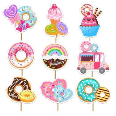 Imagem de Boweurois Donut Cupcake Toppers, 36 Pieces Party Decorations, Pre-Assembled Cake Picks with Food-Grade Toothpicks, Birthday Party Supplies