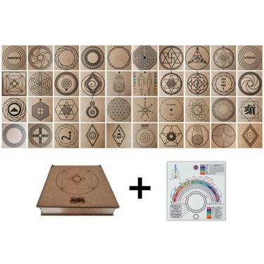 Imagem de Kit Caixa + 40 Gráficos Radiestesia MDF Cru 20x20cm 3mm + Relógio Pran