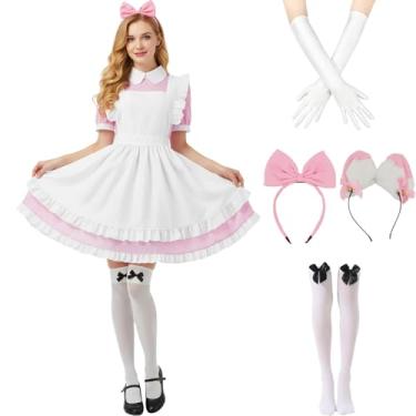 Imagem de Tvnxdgl Conjunto de meias femininas Alice fantasia do país das maravilhas anime Lolita vestido Halloween cosplay empregada avental luvas faixa de cabeça conjunto de meias, rosa, P