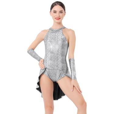 Imagem de ODASDO Fantasia feminina de circo com trapézio, traje metálico de uma peça, frente única, frente única, vestido collant com braçadeira, Prata, GG