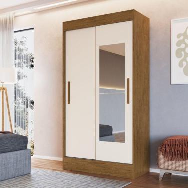 Imagem de Guarda Roupa Solteiro 2 Portas de Correr 2 Gavetas 2 Espelhos 104x200cm Lyon Móveis Doripel Off White/Nogueira