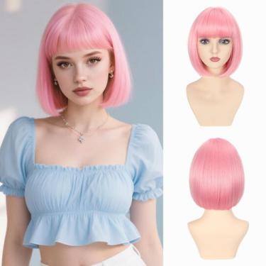Imagem de Peruca de cabelo refinado Pink Bob com franja de 30 cm para mulheres e