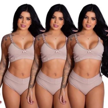 Imagem de Kit 3 Conjuntos Sutiã Amamentação e Calcinha Cós Alto Cotton PósParto 