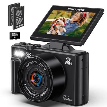 Imagem de Câmera digital 5k 75 megapixels, transmissão Wi-Fi, zoom digital de 18x, tela giratória de 180 graus, cartão SD de 32G,câmera compacta,vlog