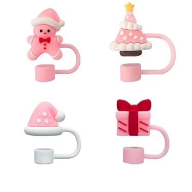 Imagem de 4 peças de topos de palha de Natal para copo Stanley, tampa de cobertura de palha de silicone rosa fofa árvore de Natal design homem de gengibre protetor de canudos de inverno para Stanley, tampas de