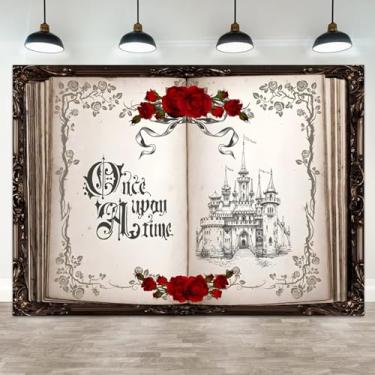 Imagem de ASDCXZ 4,6 x 2,4 m Once Upon a Time Pano de fundo de fotografia de festa de casamento Castelo de princesa Livro de conto de fadas história romântica rosas vermelhas decorações de chá de panela