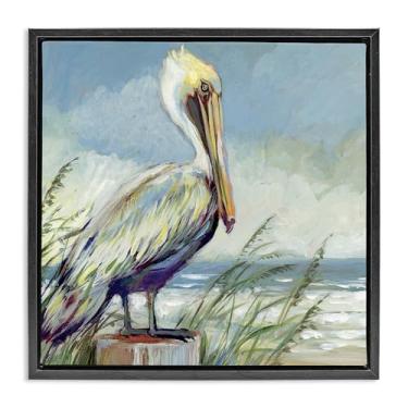 Imagem de Stupell Industries Tela flutuante de pelicano costeiro preto emoldurado por Susan Winget, 25 x 25