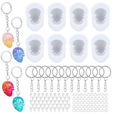 Imagem de 8 moldes de silicone de caveira, moldes de resina de caveira 3D com acessório de chaveiro, molde de vela de cabeça de esqueleto de Halloween para chaveiro, pulseira, pingente, decoração de Halloween