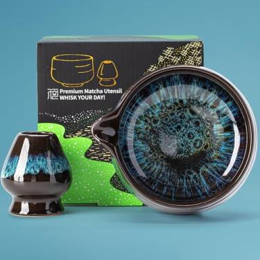 Imagem de TEANAGOO 2 peças de tigela Matcha com bico, Matcha Chawan azul com suporte, conjunto de tigelas Matcha de cerâmica 510 ml e suporte de batedor de presente para amantes