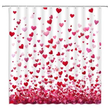 Imagem de Fsfusvk Cortina de chuveiro vermelha rosa amor coração doce casal mulheres romântico bonito feminino moderno criativo casamento feriado branco poliéster conjuntos de cortinas de banheiro ganchos 170 x