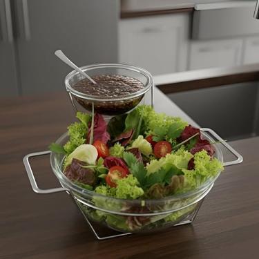 Imagem de Saladeira com Molheira, Vidro e Aço Inox, 3 Litros, Design Moderno, Suporte para Molho, 27x15x12cm, Conjunto Colher