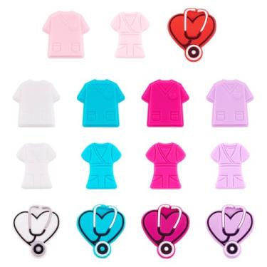 Imagem de 15 peças de contas focais de silicone para enfermeira roupas de enfermeira coração com estetoscópio contas de silicone contas espaçadoras soltas de borracha para canetas, chaveiros, colarinho